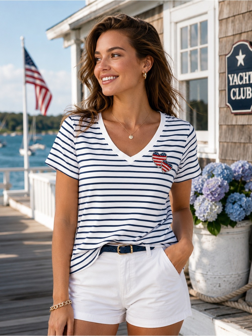 NWT Cynthia Rowley Womens White Navy Striped USA Heart Tee Top XS